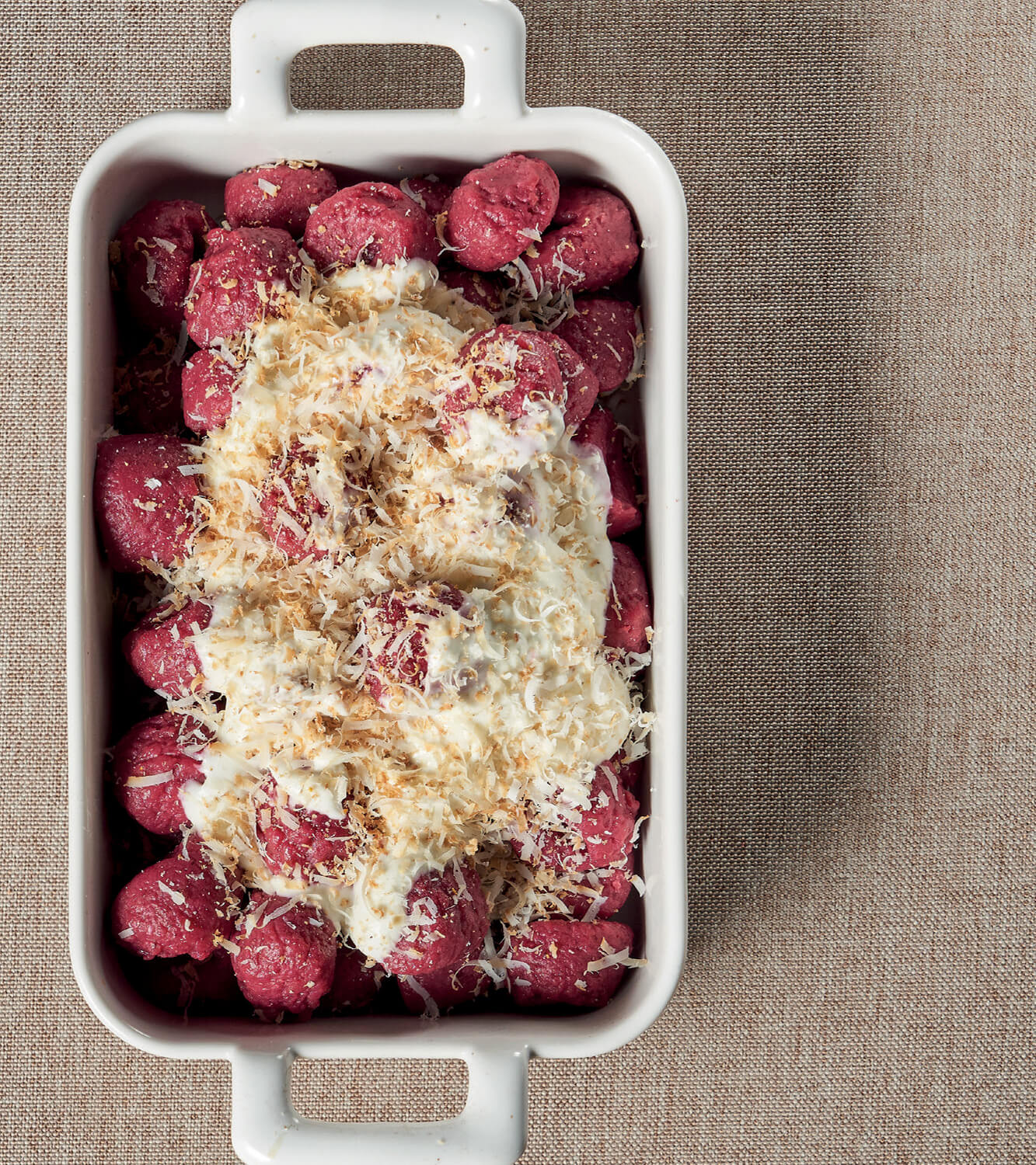 Potato Gnocchi With Beetroot With Gorgonzola Cream And Smoked Ricotta