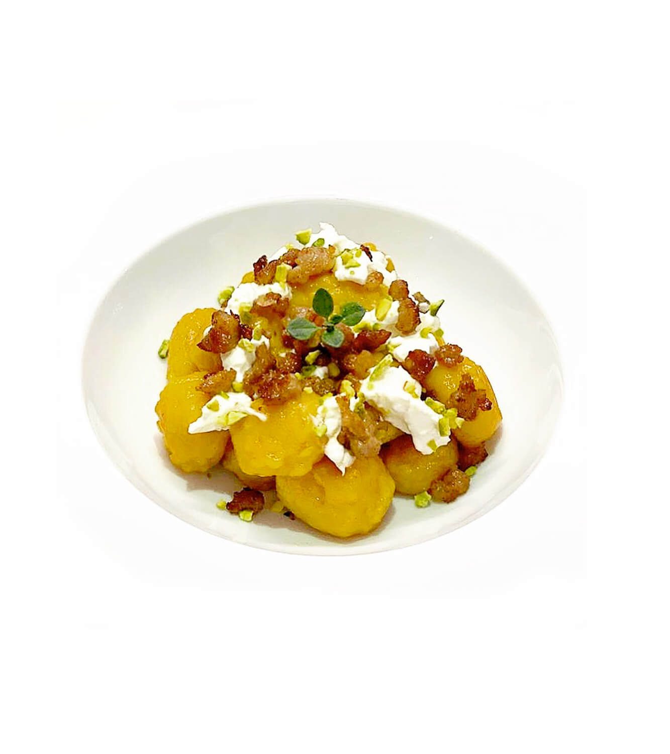 Pumpkin gnocchi with stracciatella cheese, crumbled sausage and pistachio granules